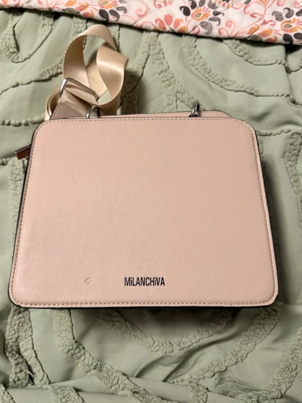 Milanchiva Women's Box Crossbody Camera Bag — Beige with Brown Trim